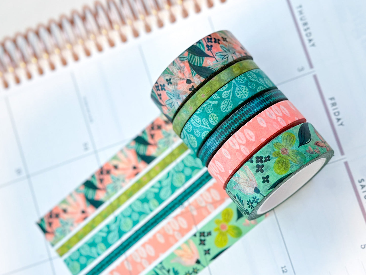 Spring Floral Blue and Green Whimsical Washi Tape Set - W044