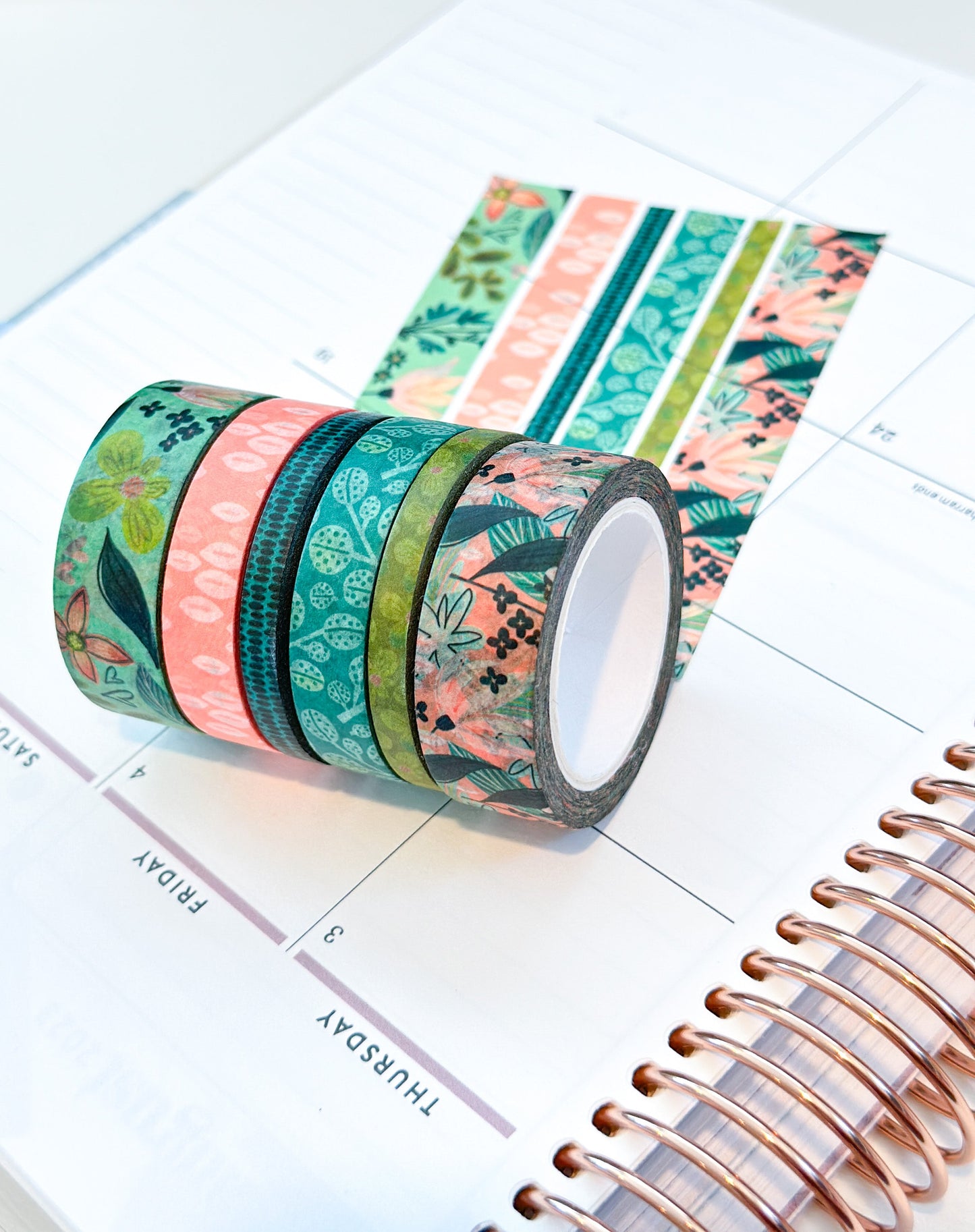 Spring Floral Blue and Green Whimsical Washi Tape Set - W044