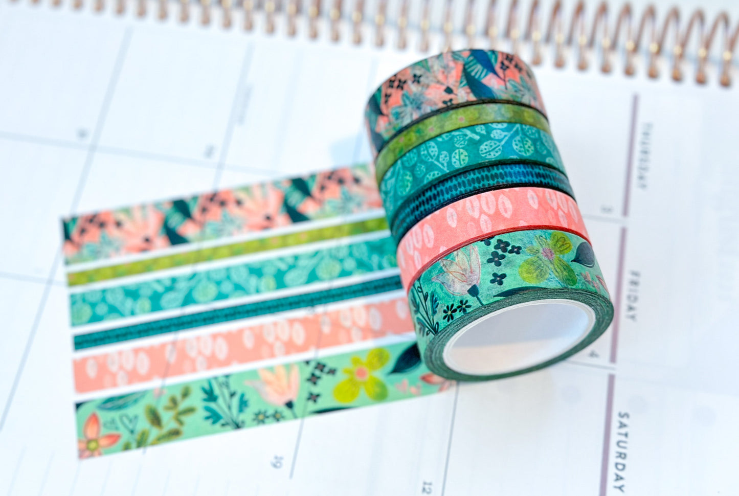 Spring Floral Blue and Green Whimsical Washi Tape Set - W044