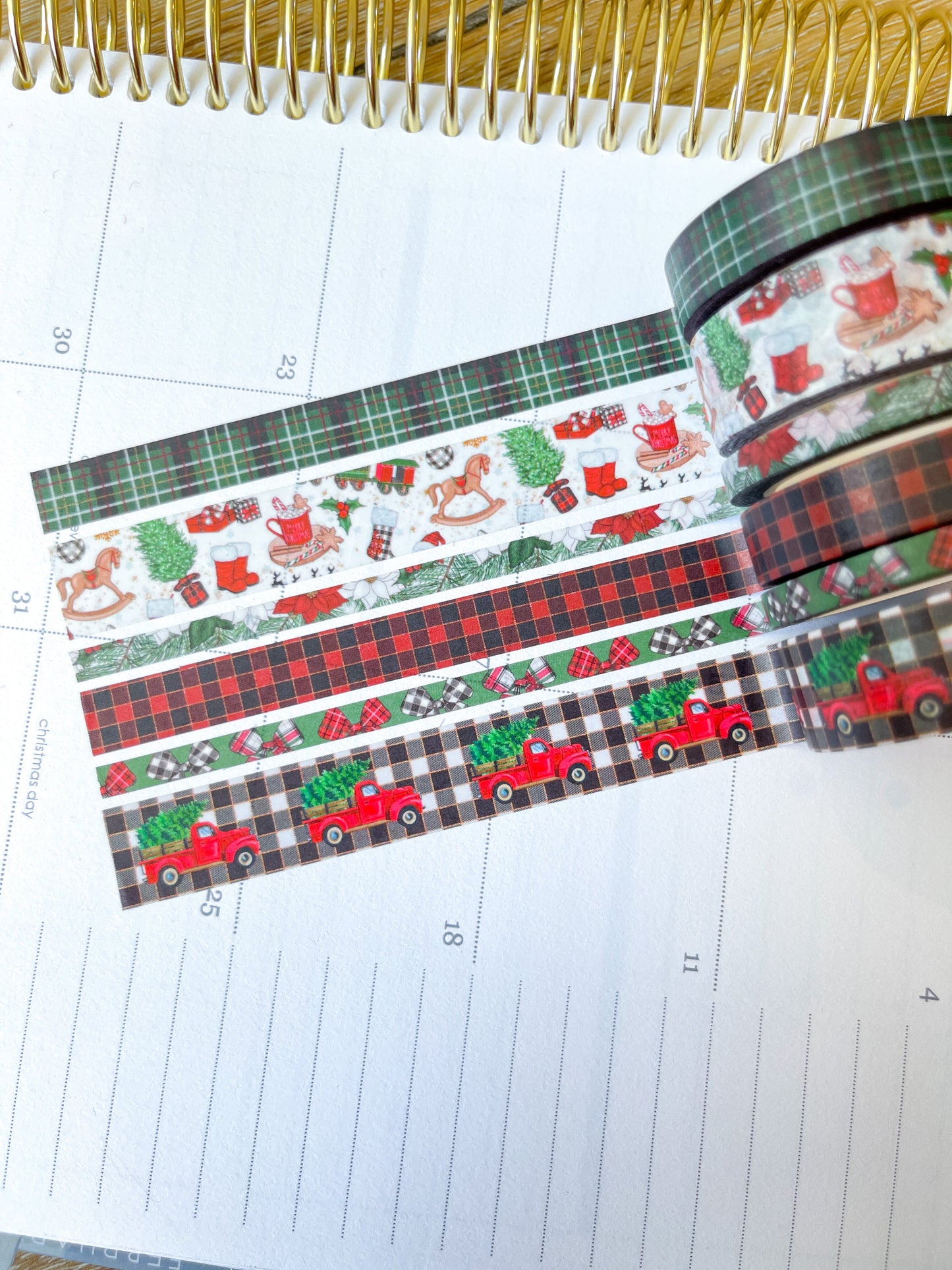 Christmas Rustic Red Truck Buffalo Plaid Green & Red Holiday Washi Tape Set (#W073)