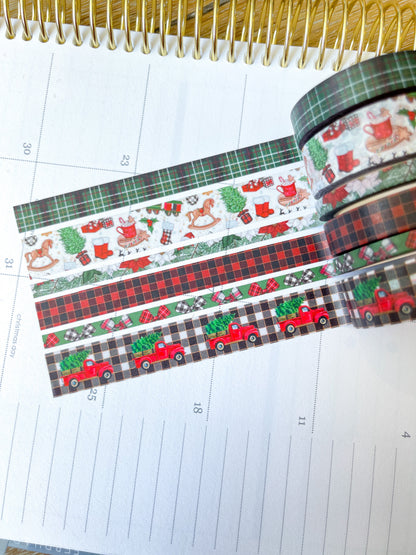 Christmas Rustic Red Truck Buffalo Plaid Green & Red Holiday Washi Tape Set (#W073)