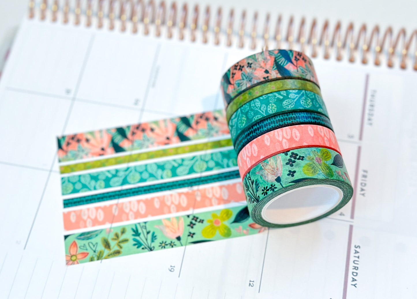 Spring Floral Blue and Green Whimsical Washi Tape Set - W044