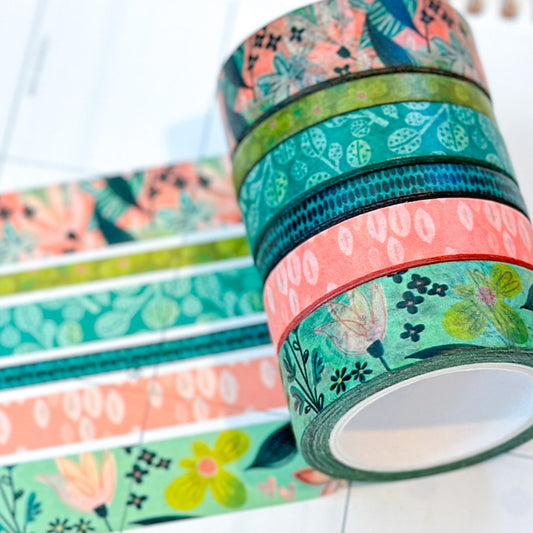 Spring Floral Blue and Green Whimsical Washi Tape Set - W044