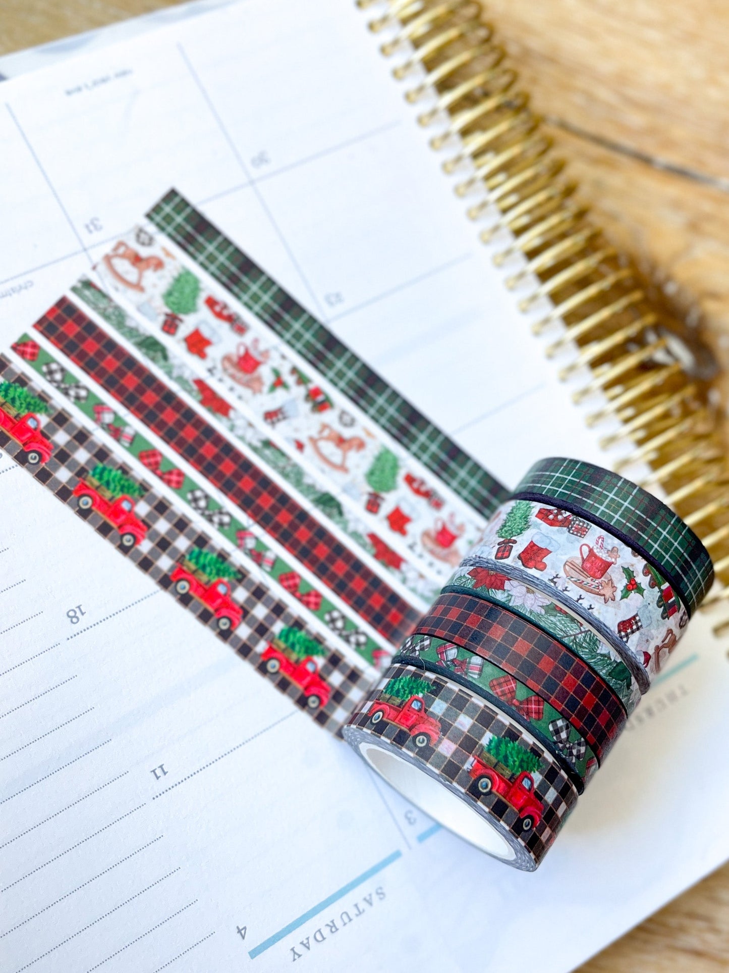 Christmas Rustic Red Truck Buffalo Plaid Green & Red Holiday Washi Tape Set (#W073)