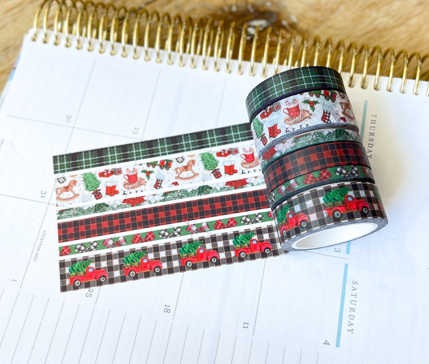 Christmas Rustic Red Truck Buffalo Plaid Green & Red Holiday Washi Tape Set (#W073)
