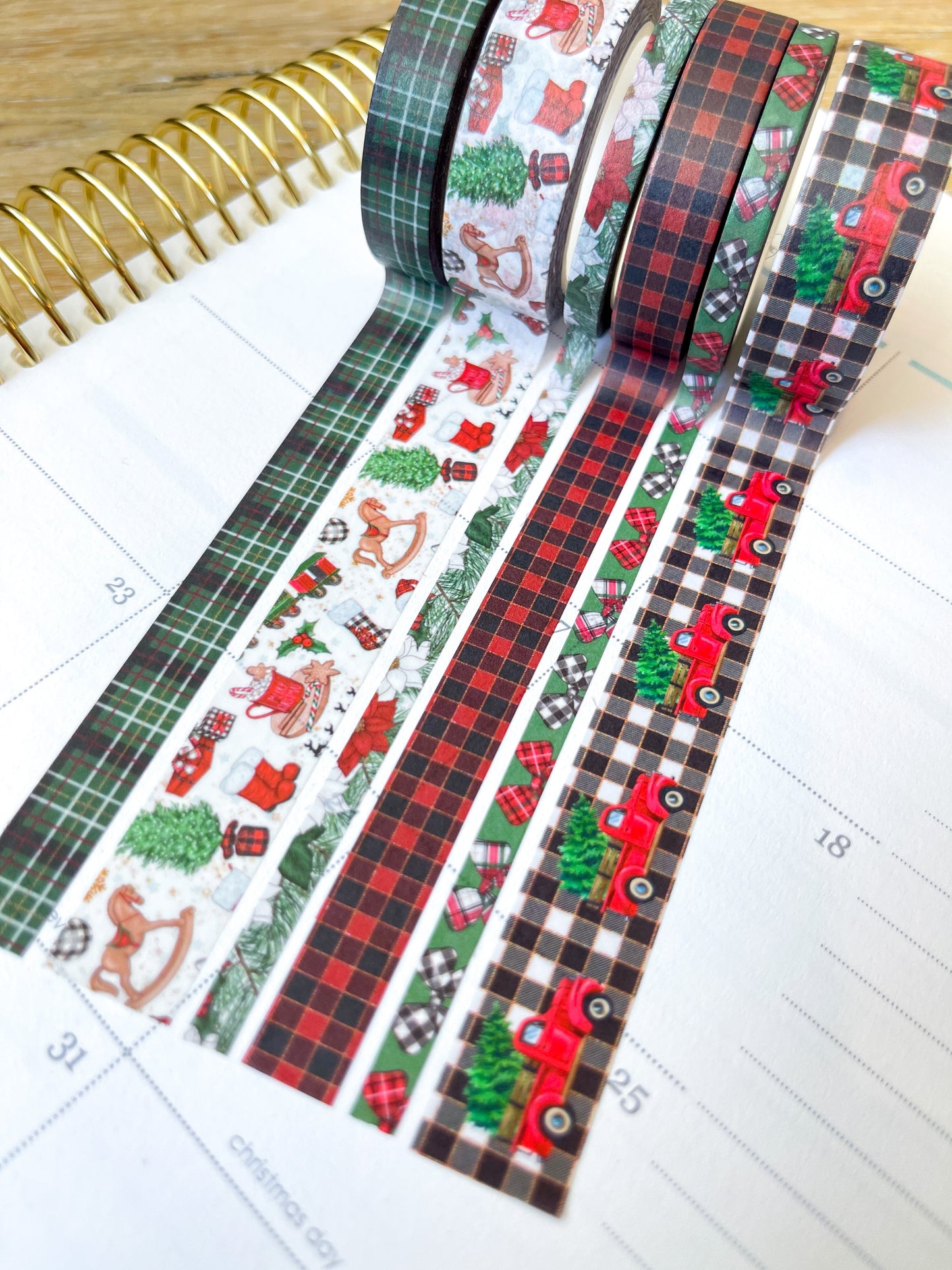Christmas Rustic Red Truck Buffalo Plaid Green & Red Holiday Washi Tape Set (#W073)