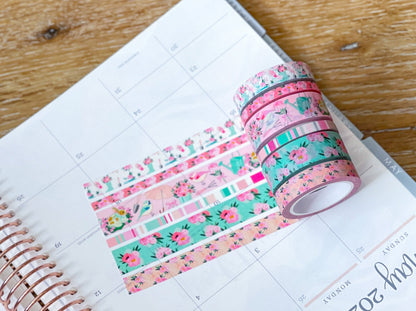 Pink & Teal Flowers Spring & Summer Washi Tape Set (#W058)
