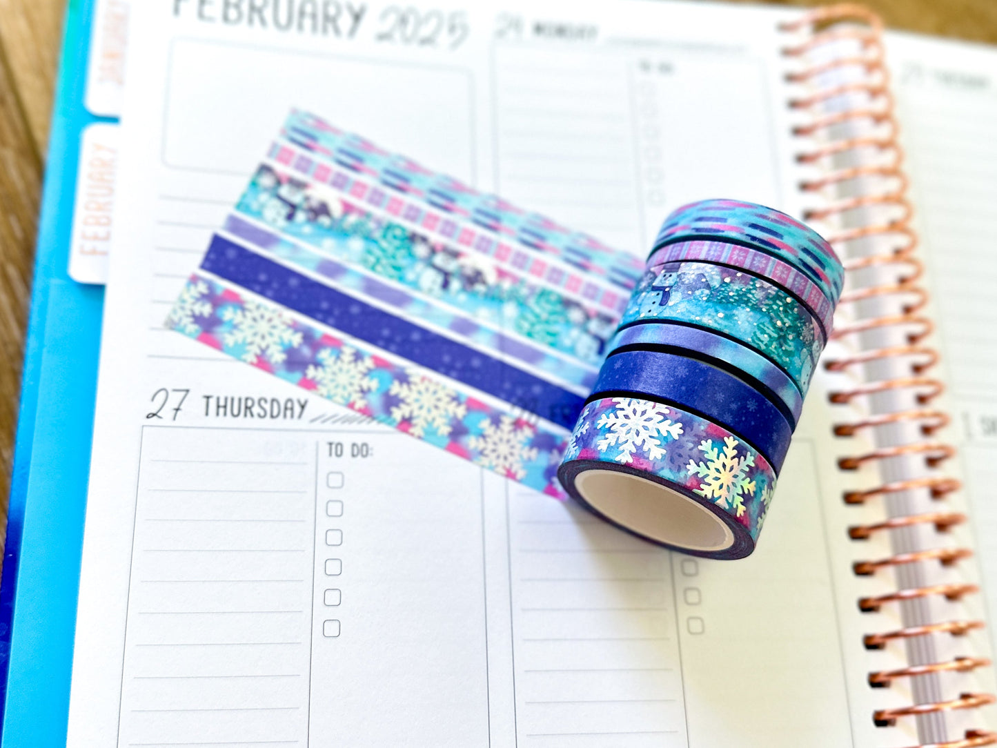 FOILED Silver Snowflakes Snowman Snowmen Snow Pink Purple Blue Washi Tape Set February 2025 - W126
