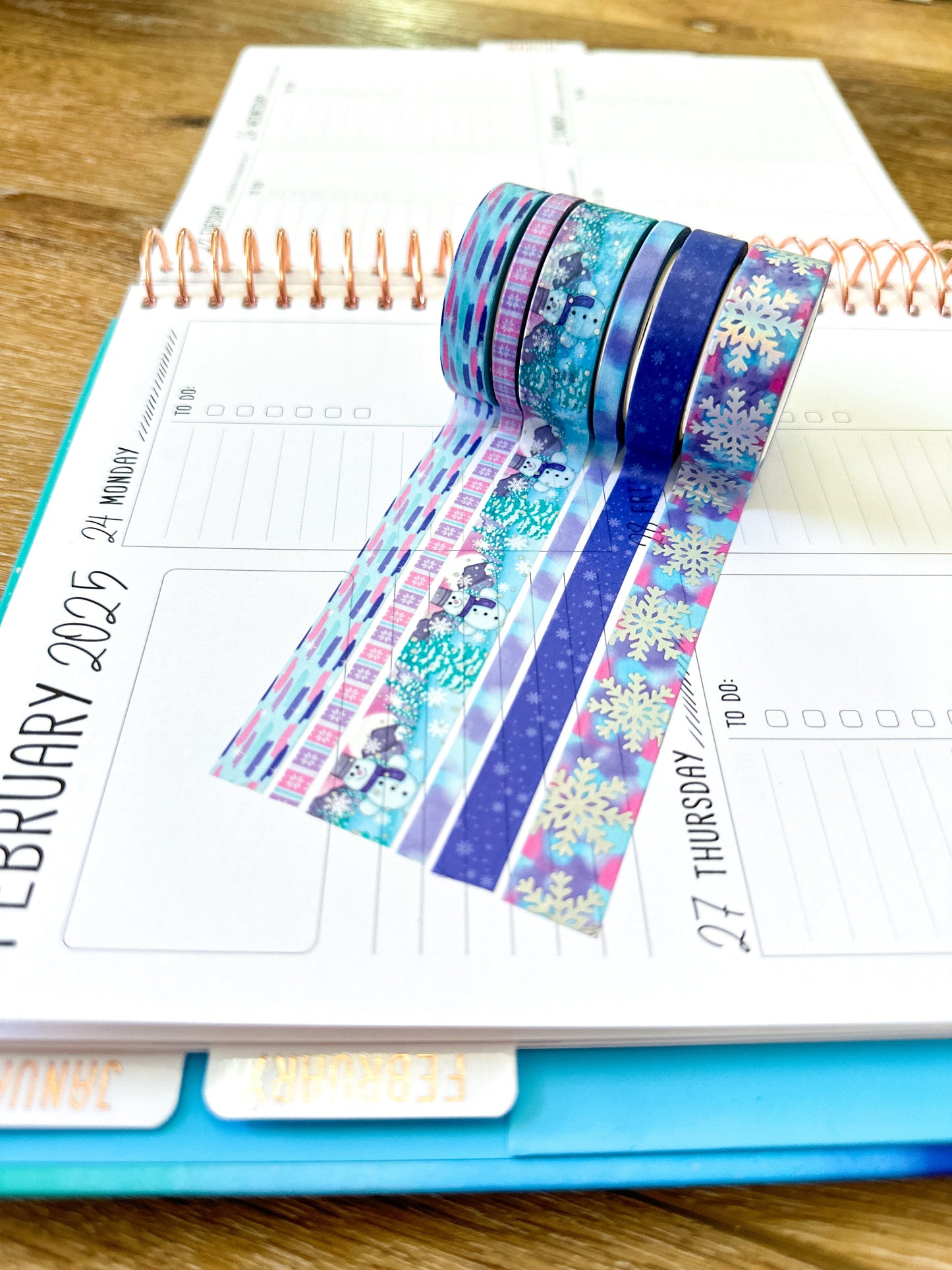 FOILED Silver Snowflakes Snowman Snowmen Snow Pink Purple Blue Washi Tape Set February 2025 - W126