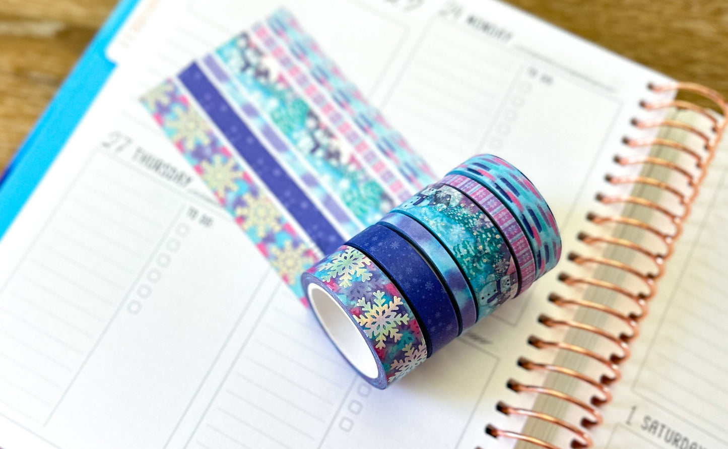 FOILED Silver Snowflakes Snowman Snowmen Snow Pink Purple Blue Washi Tape Set February 2025 - W126
