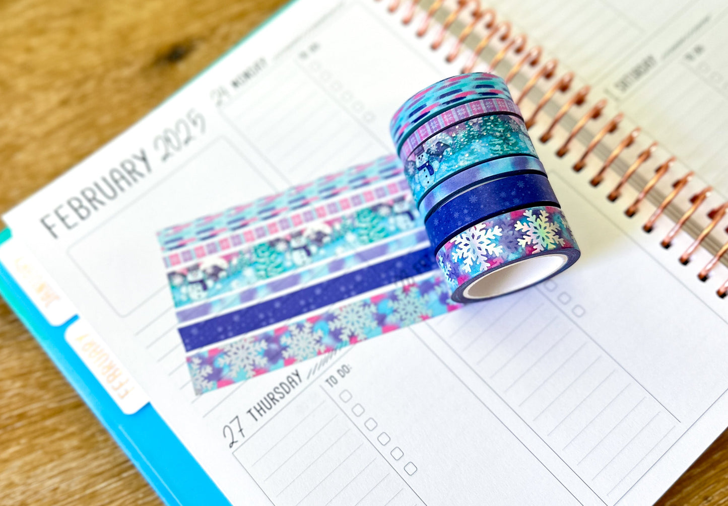 FOILED Silver Snowflakes Snowman Snowmen Snow Pink Purple Blue Washi Tape Set February 2025 - W126