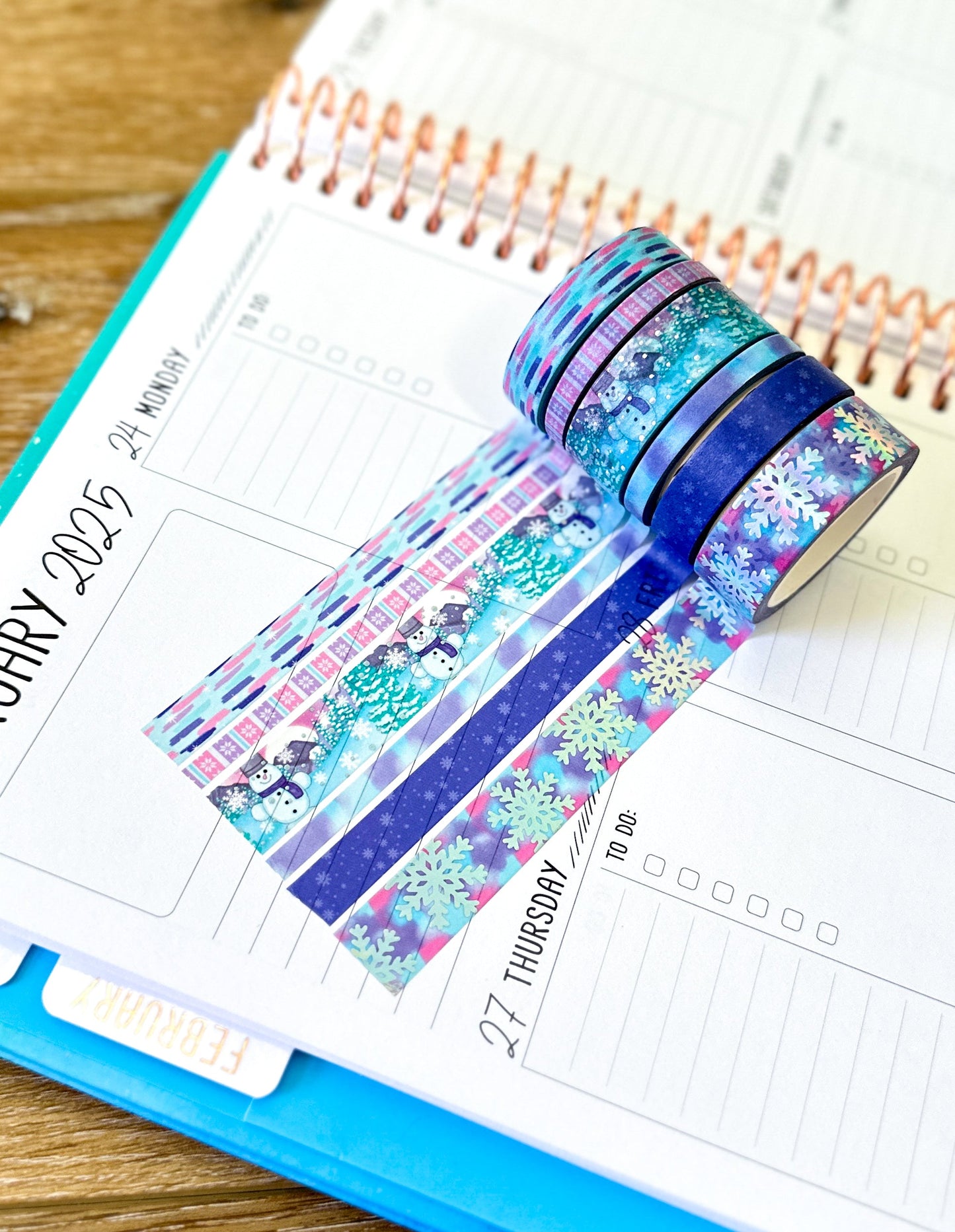 FOILED Silver Snowflakes Snowman Snowmen Snow Pink Purple Blue Washi Tape Set February 2025 - W126