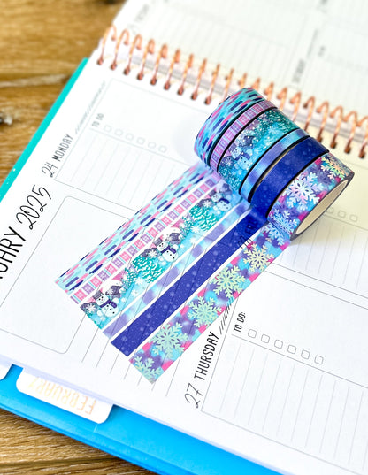 FOILED Silver Snowflakes Snowman Snowmen Snow Pink Purple Blue Washi Tape Set February 2025 - W126