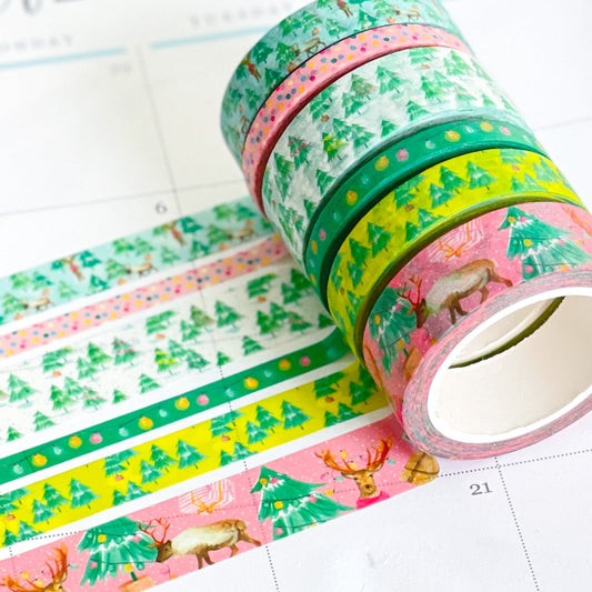 Christmas Washi Deer Reindeer Bright Pink & Green Lights Holiday Washi Tape Set  (#W037)