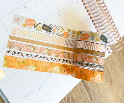 FOILED Peach Floral & Rose Gold Stripes Washi Tape Set (#W060)