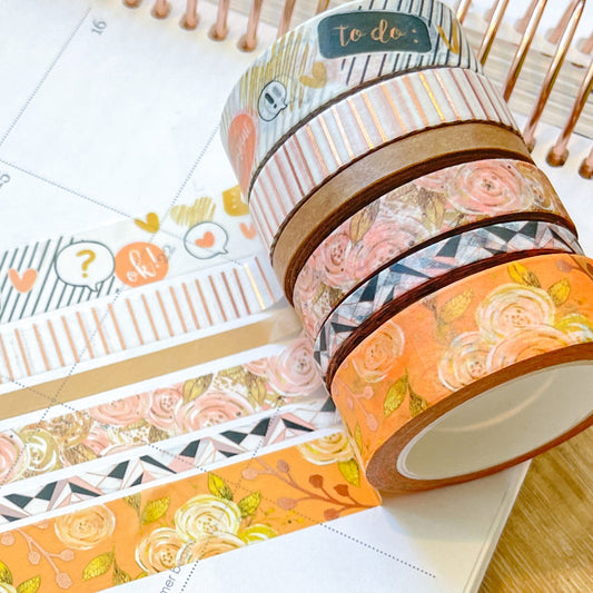 FOILED Peach Floral & Rose Gold Stripes Washi Tape Set (#W060)