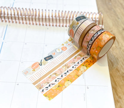 FOILED Peach Floral & Rose Gold Stripes Washi Tape Set (#W060)
