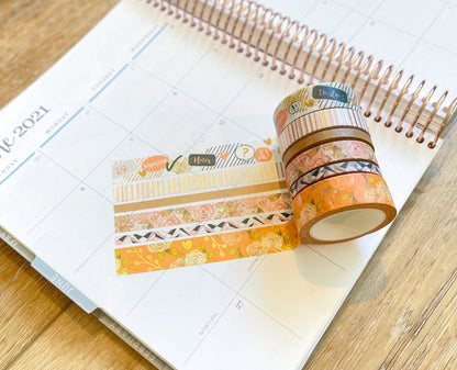 FOILED Peach Floral & Rose Gold Stripes Washi Tape Set (#W060)