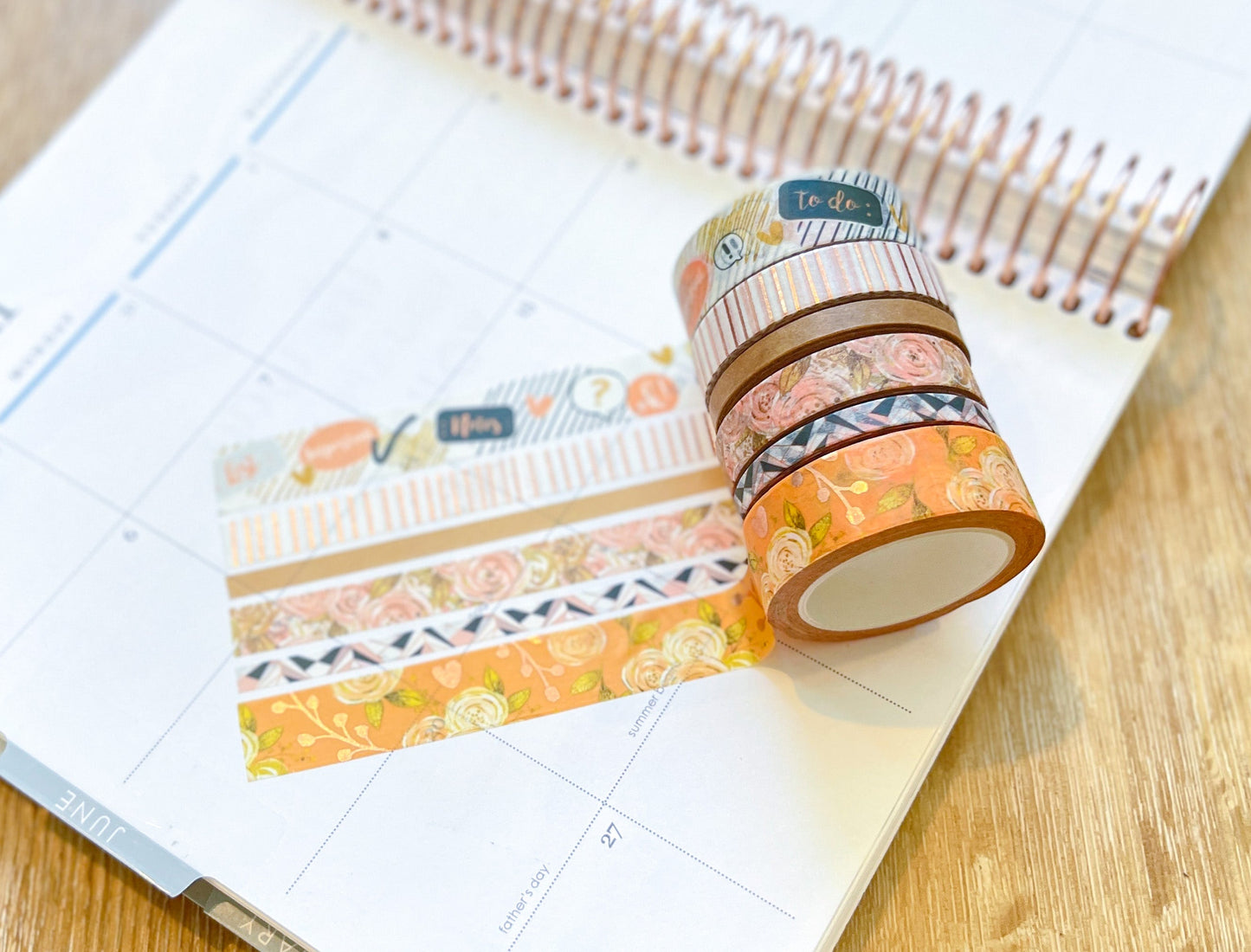 FOILED Peach Floral & Rose Gold Stripes Washi Tape Set (#W060)