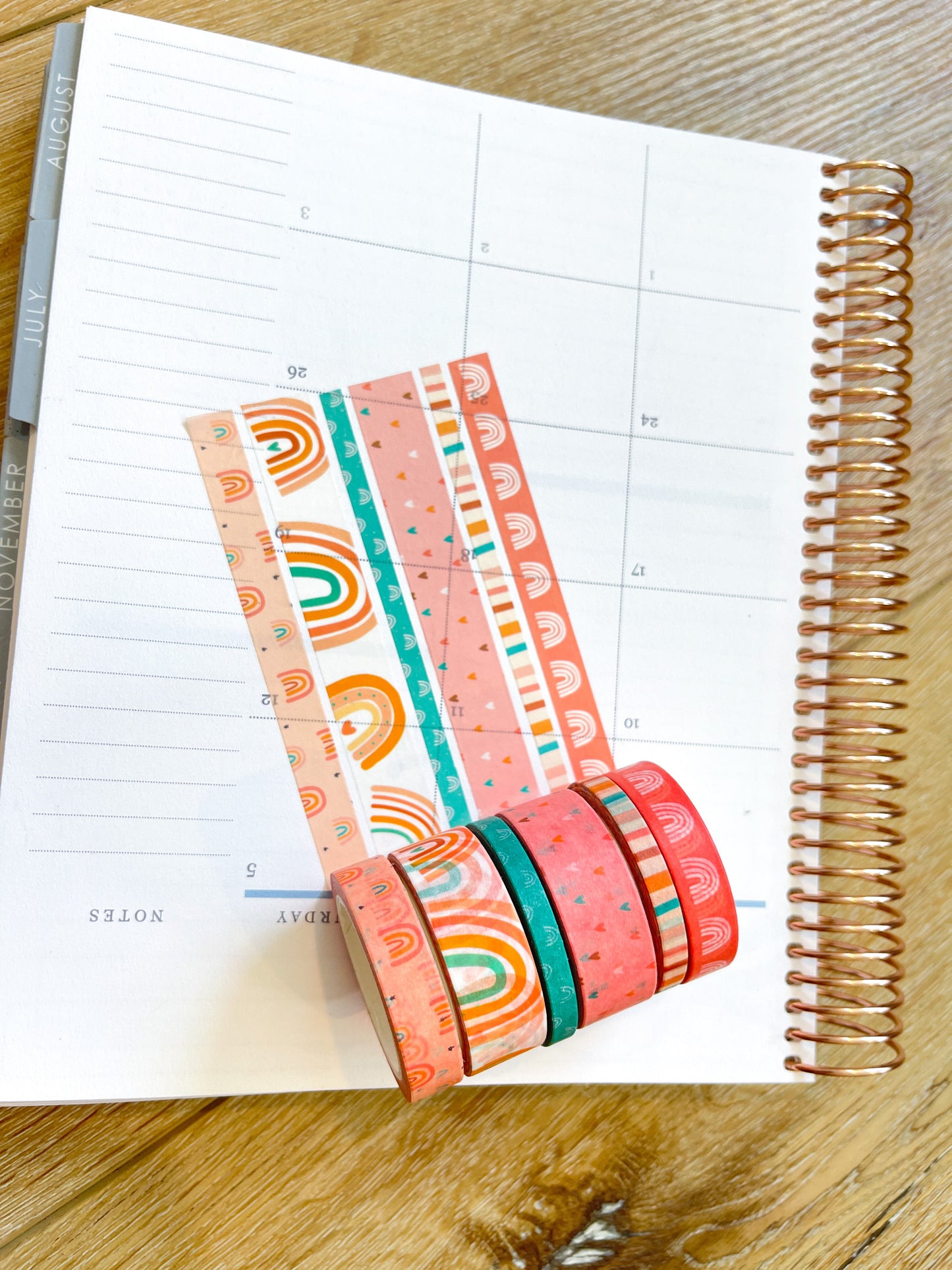 Boho Rainbows Peach Summer Pink Hearts Stripes Washi Tape Set (#W059)