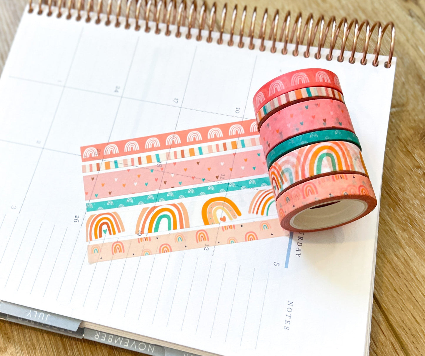 Boho Rainbows Peach Summer Pink Hearts Stripes Washi Tape Set (#W059)