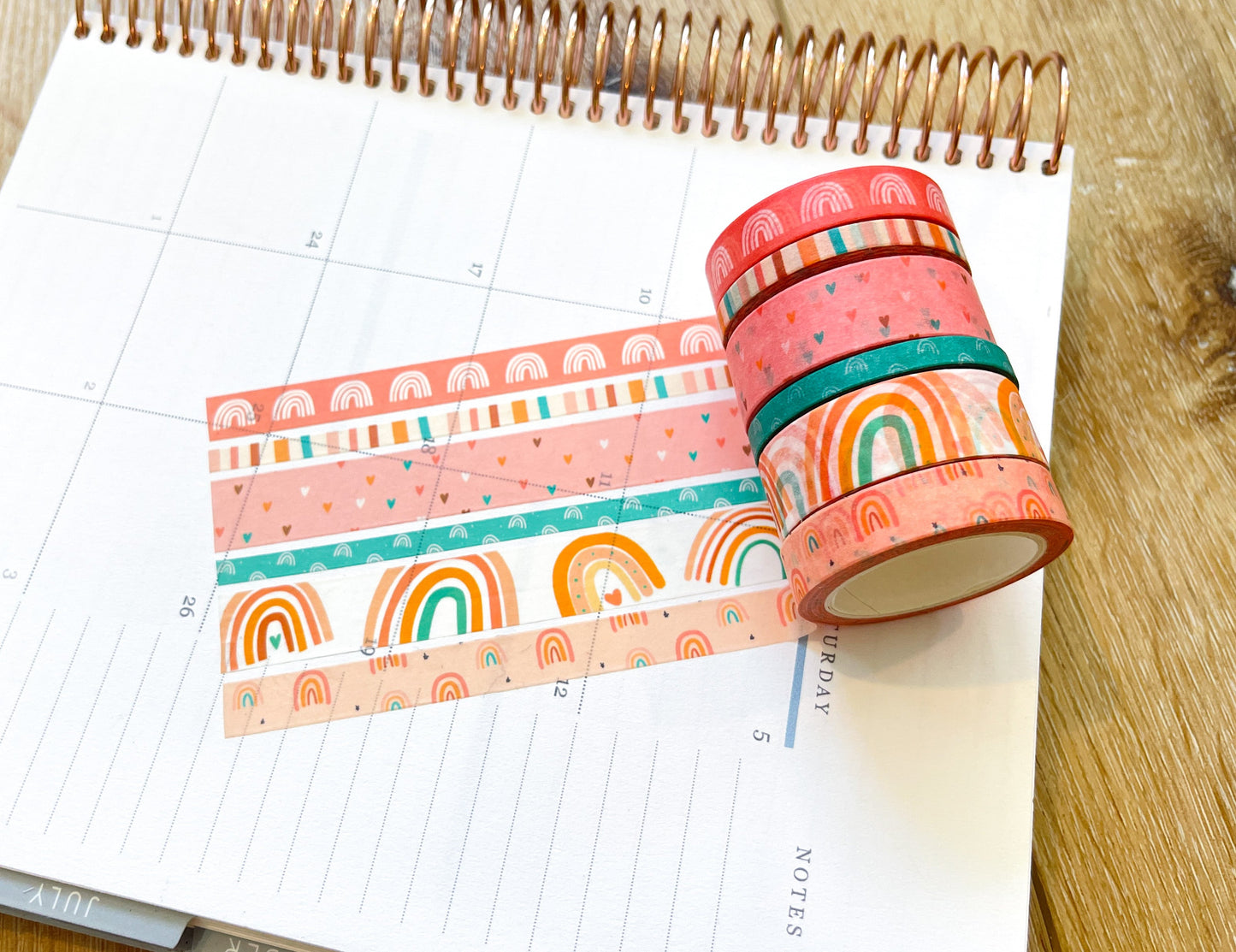 Boho Rainbows Peach Summer Pink Hearts Stripes Washi Tape Set (#W059)