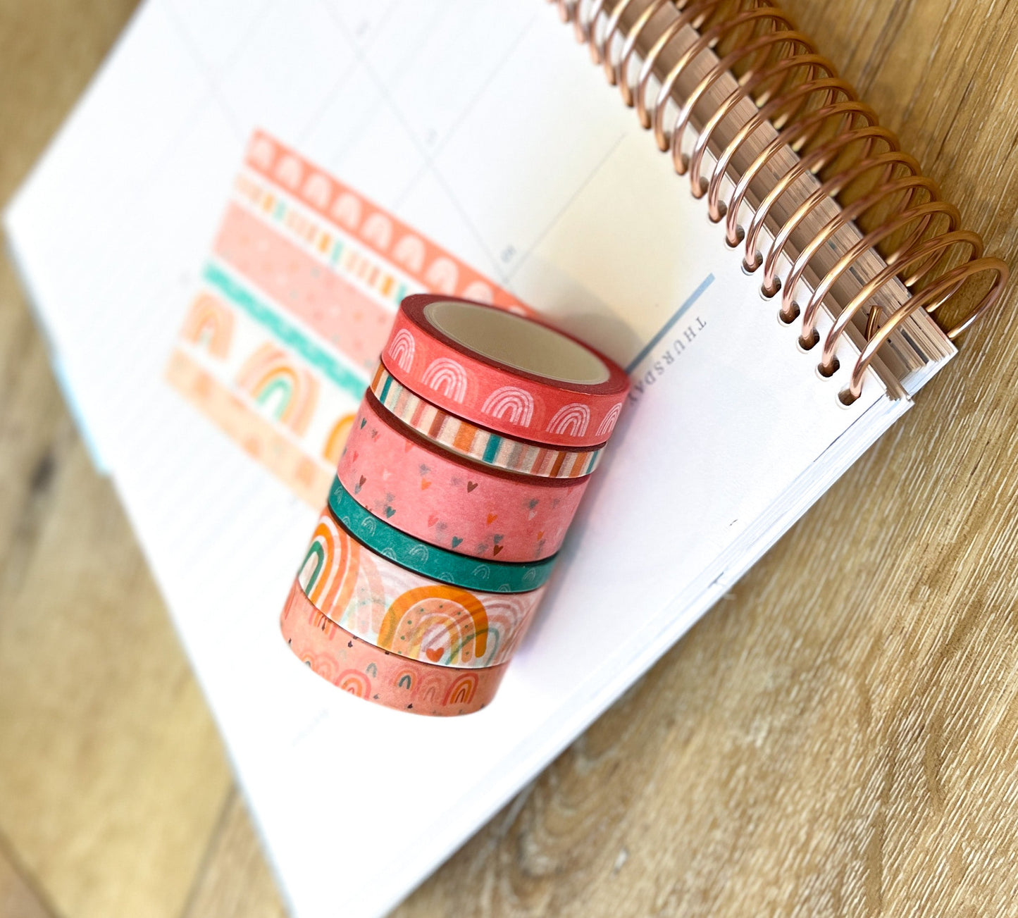 Boho Rainbows Peach Summer Pink Hearts Stripes Washi Tape Set (#W059)