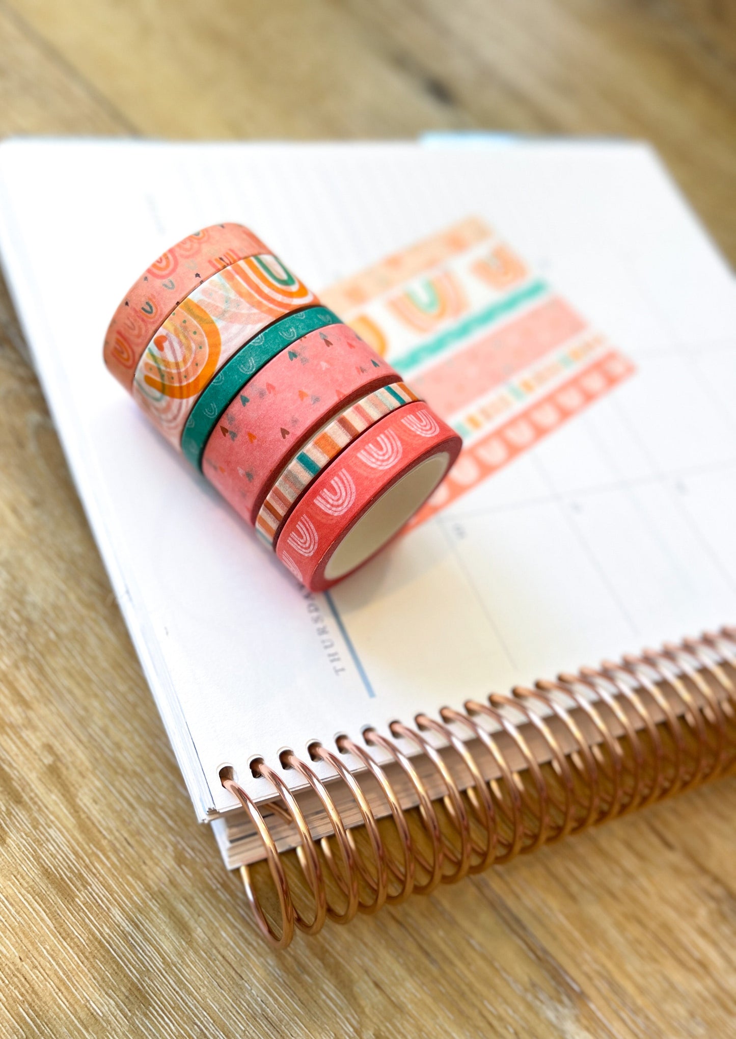Boho Rainbows Peach Summer Pink Hearts Stripes Washi Tape Set (#W059)