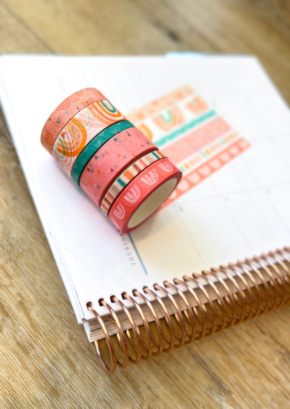 Boho Rainbows Peach Summer Pink Hearts Stripes Washi Tape Set (#W059)