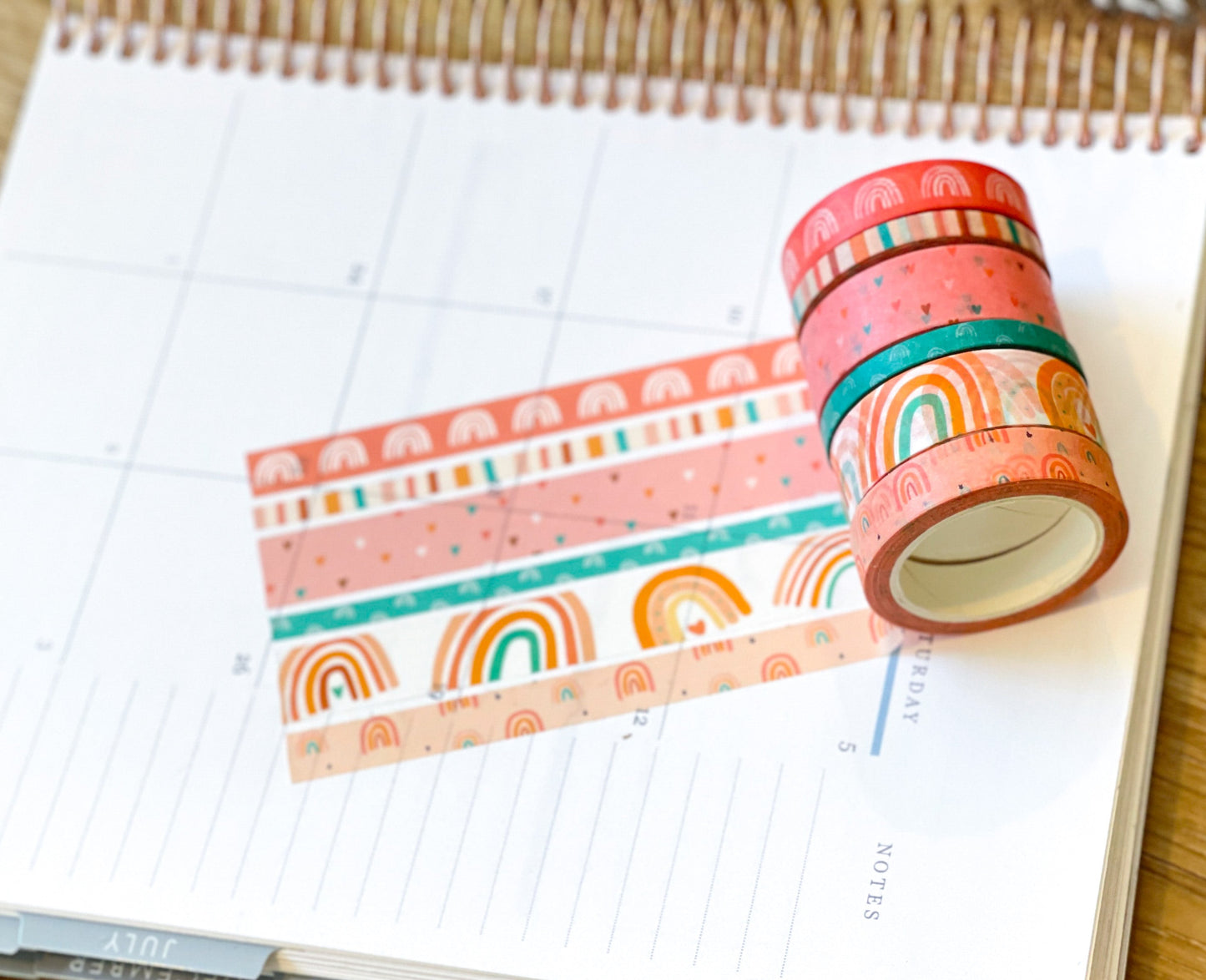 Boho Rainbows Peach Summer Pink Hearts Stripes Washi Tape Set (#W059)