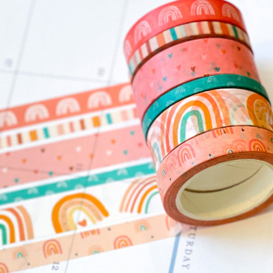 Boho Rainbows Peach Summer Pink Hearts Stripes Washi Tape Set (#W059)