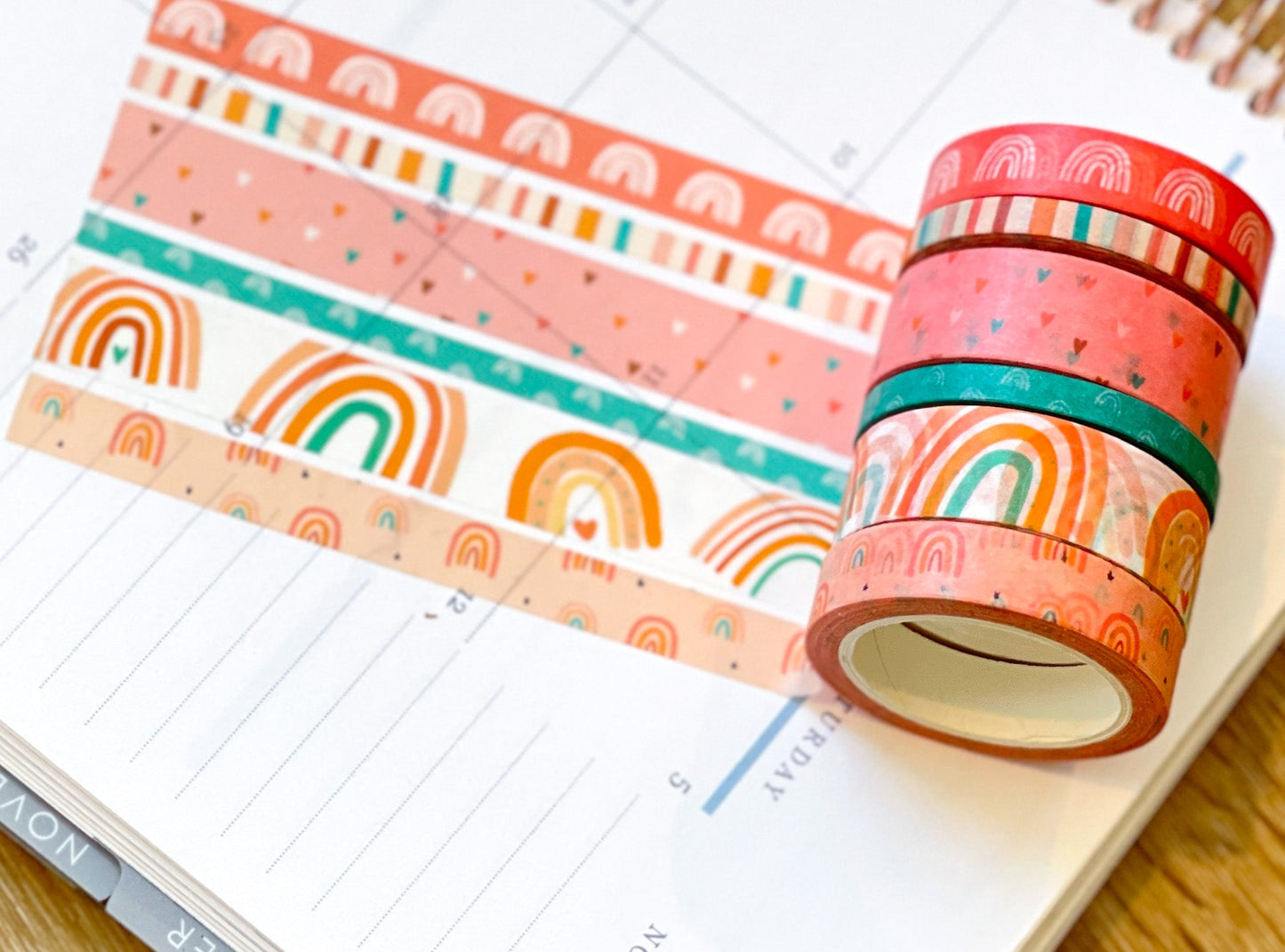 Boho Rainbows Peach Summer Pink Hearts Stripes Washi Tape Set (#W059)