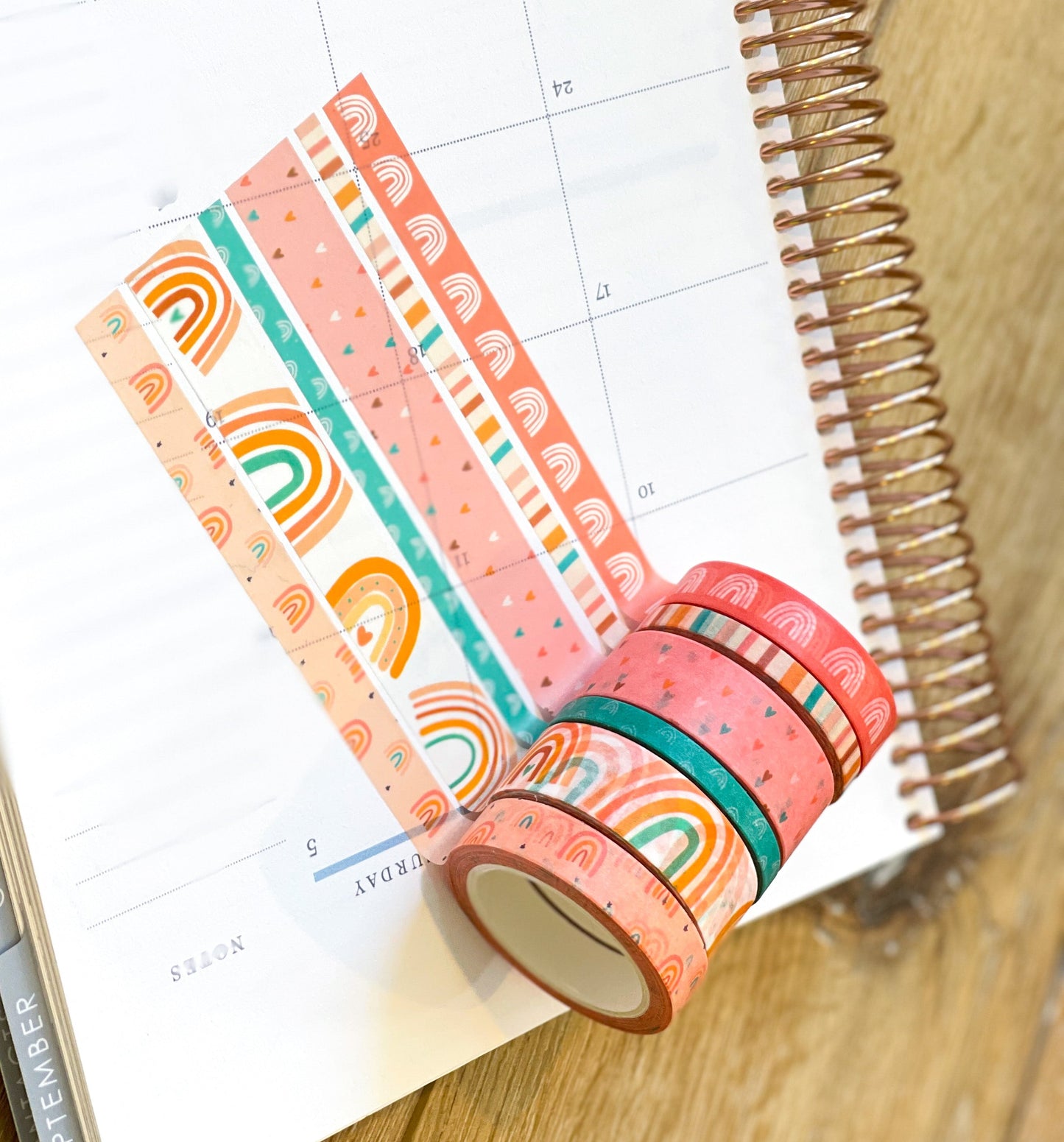 Boho Rainbows Peach Summer Pink Hearts Stripes Washi Tape Set (#W059)