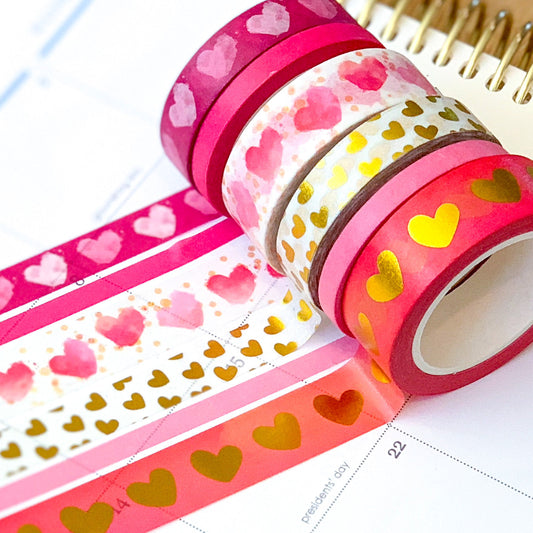 FOILED  Valentine's Pink & Gold Hearts Washi Tape Set (#W014)