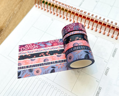 Periwinkle Pink Navy Coral Floral Modern Flowers Washi Tape Set February 2024 - W101