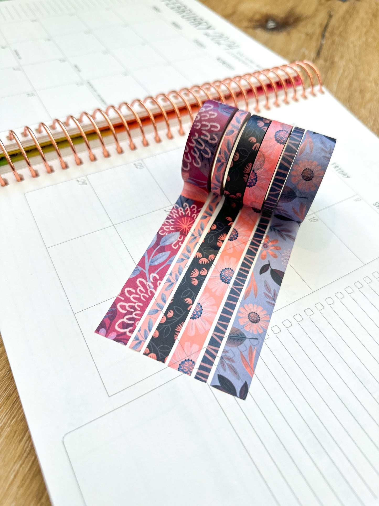 Periwinkle Pink Navy Coral Floral Modern Flowers Washi Tape Set February 2024 - W101