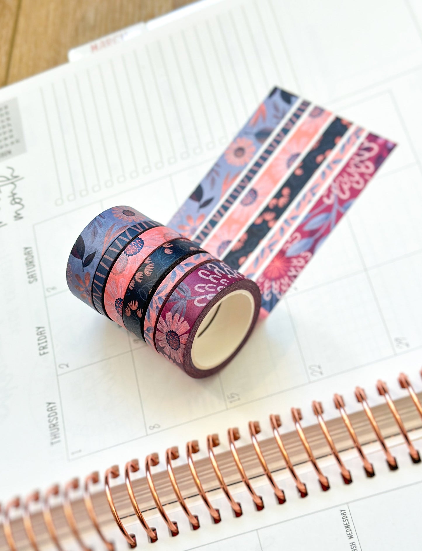 Periwinkle Pink Navy Coral Floral Modern Flowers Washi Tape Set February 2024 - W101