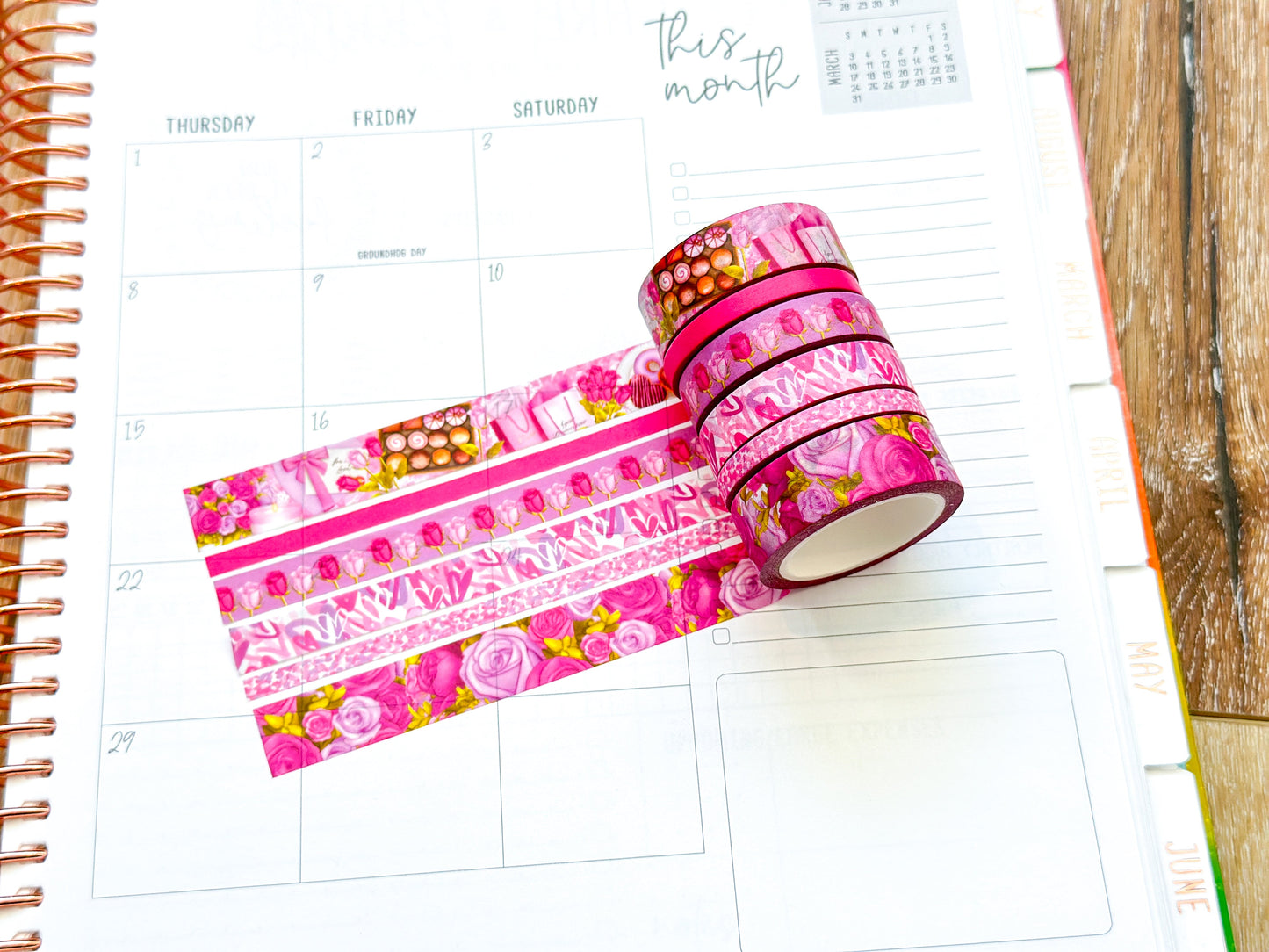 Valentine's Day Pink Romantic Date Night Anniversary Roses Washi Tape Set February 2024 - W102