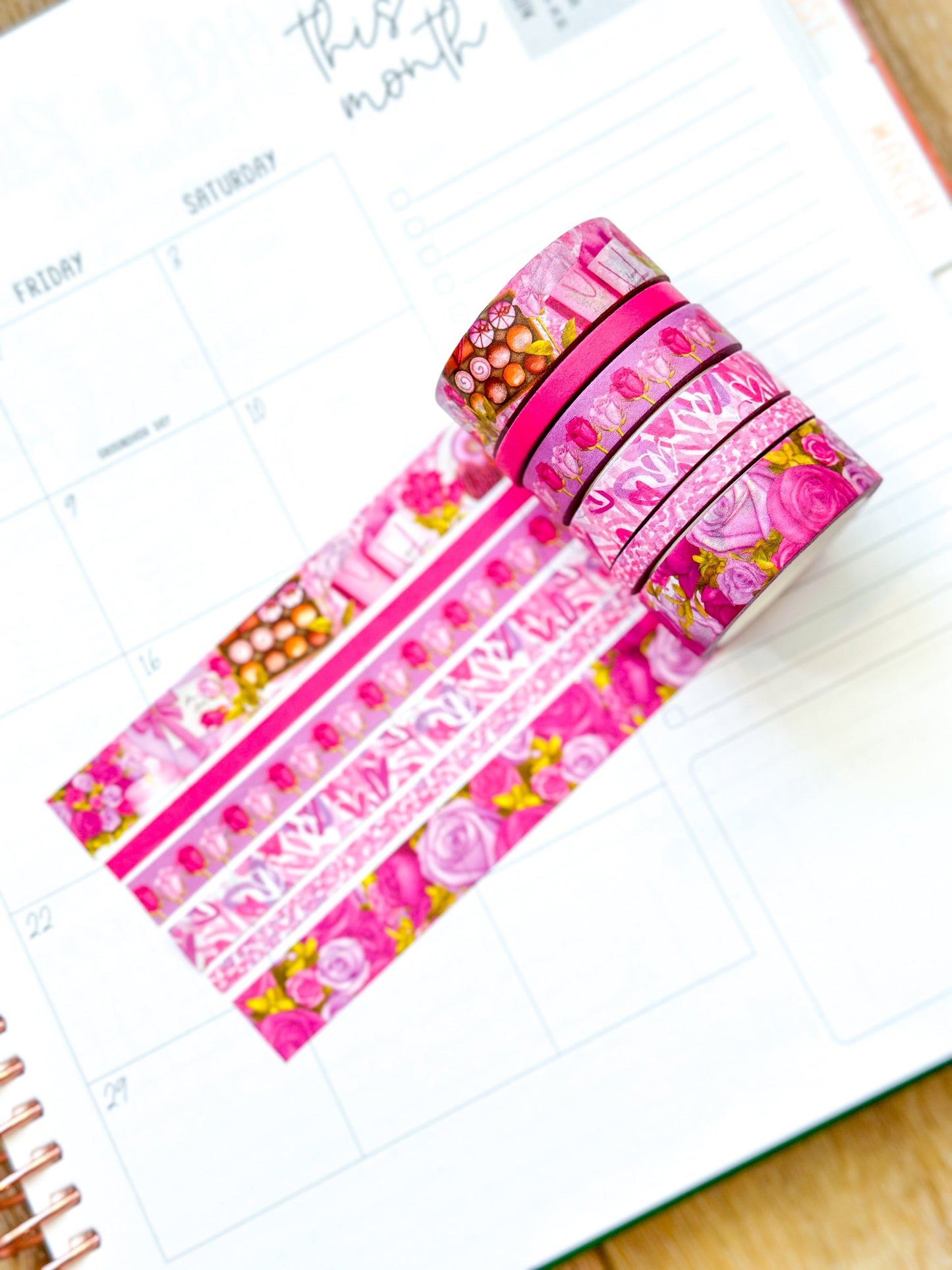 Valentine's Day Pink Romantic Date Night Anniversary Roses Washi Tape Set February 2024 - W102