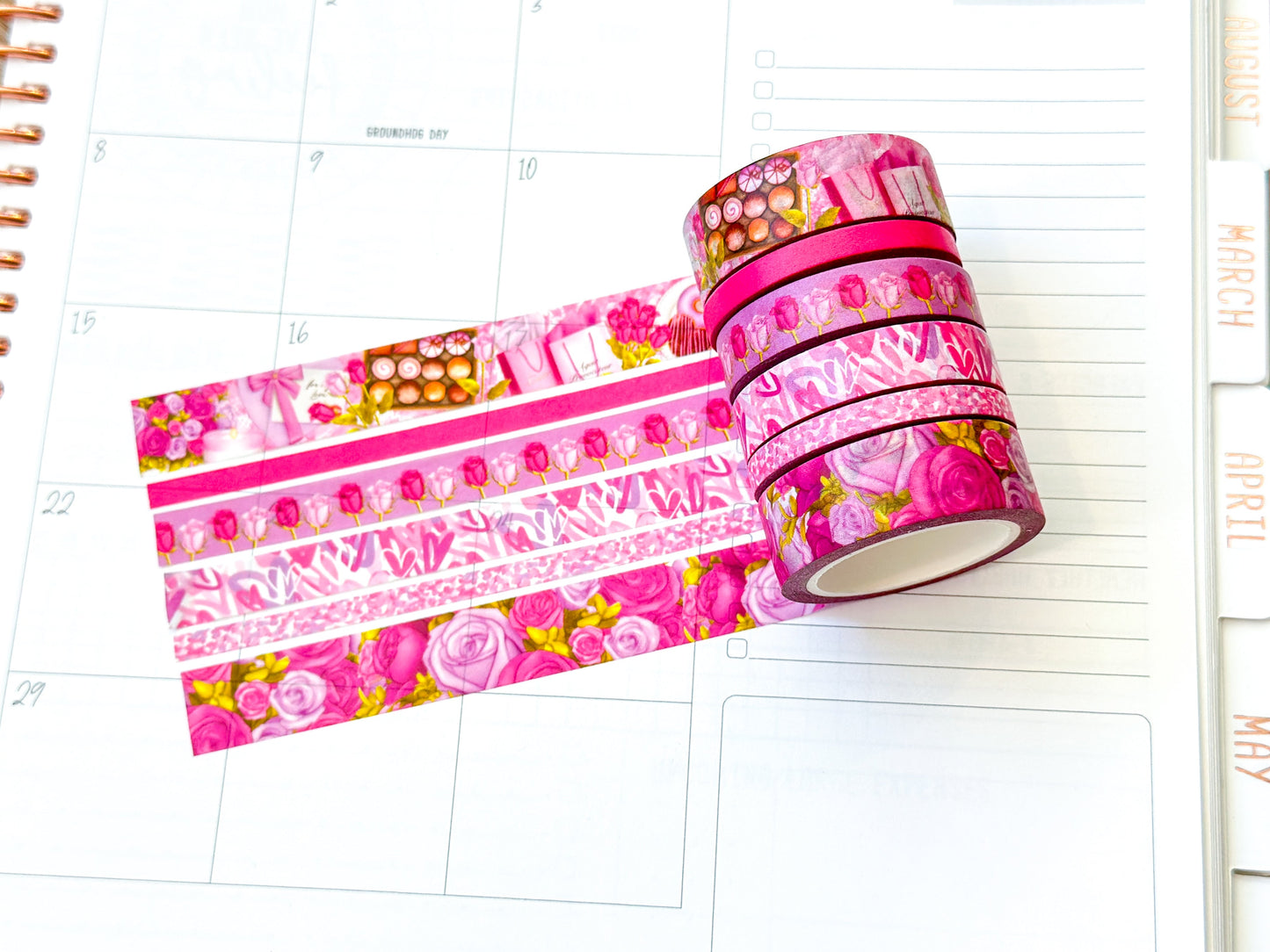 Valentine's Day Pink Romantic Date Night Anniversary Roses Washi Tape Set February 2024 - W102