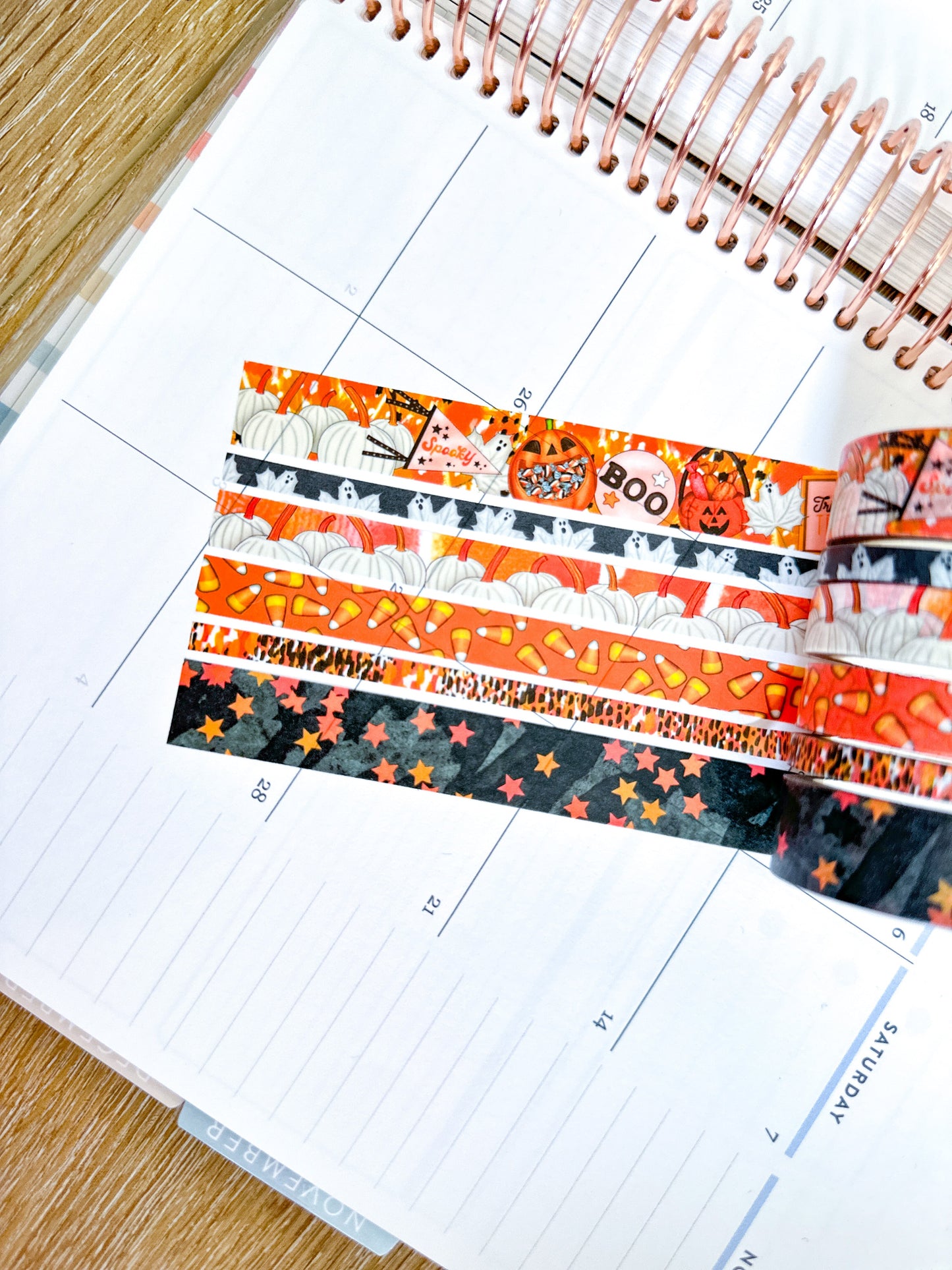 Halloween Spooky Ghosts Pumpkins Candy Corn Trick or Treating Stars Black Orange Washi Tape Set - W093
