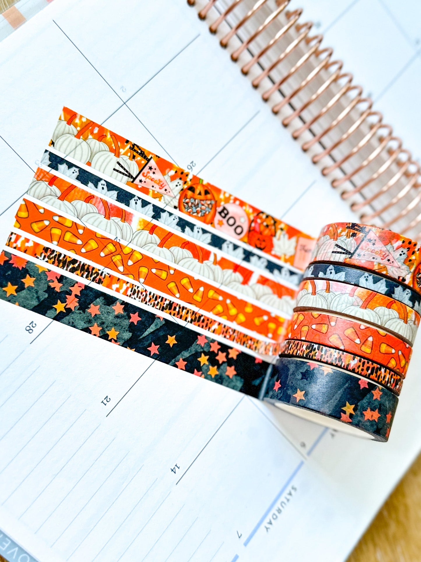 Halloween Spooky Ghosts Pumpkins Candy Corn Trick or Treating Stars Black Orange Washi Tape Set - W093