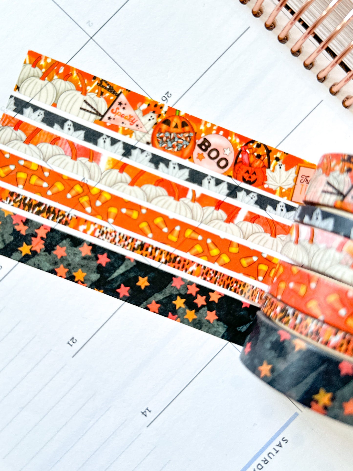 Halloween Spooky Ghosts Pumpkins Candy Corn Trick or Treating Stars Black Orange Washi Tape Set - W093