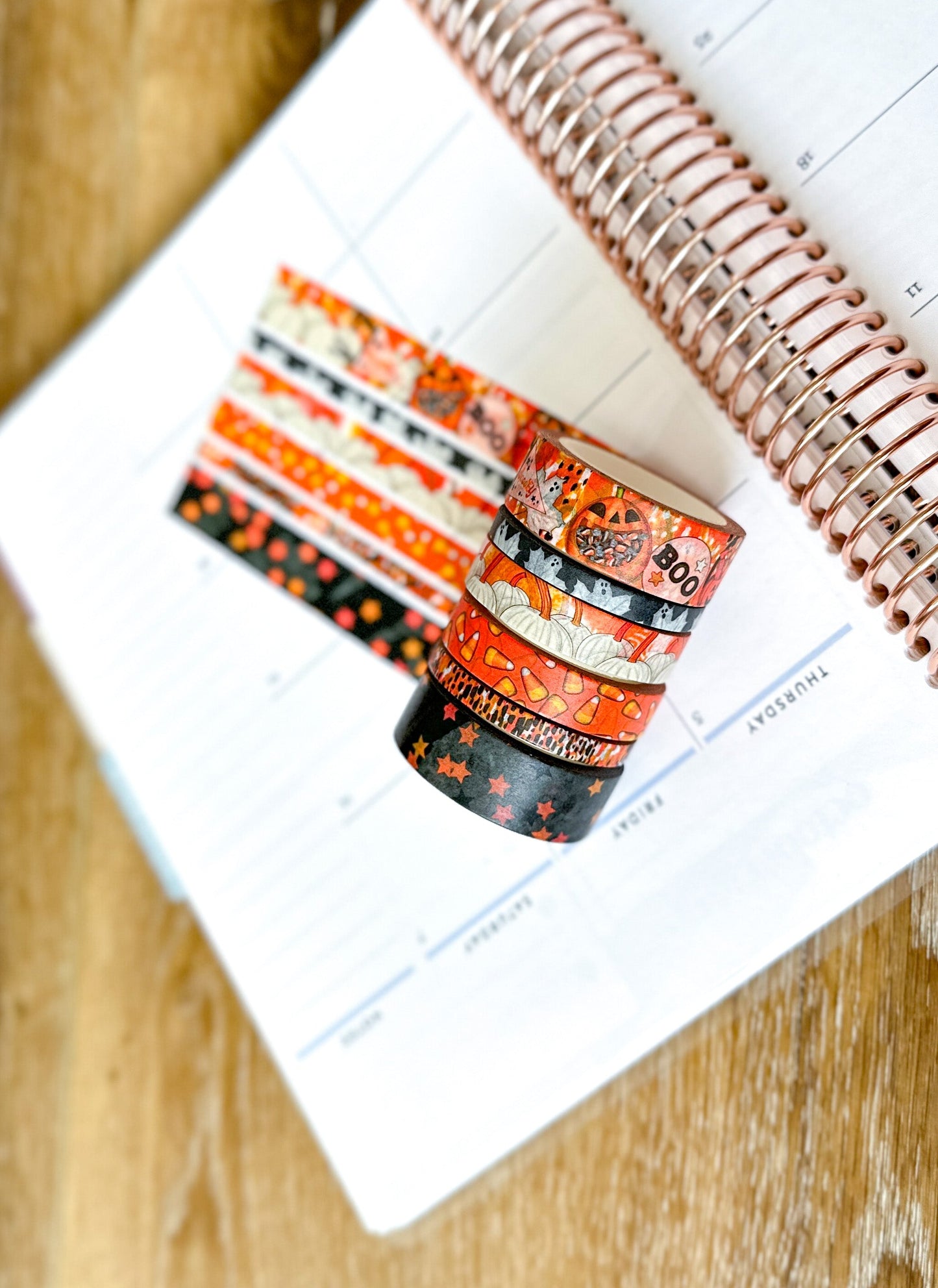 Halloween Spooky Ghosts Pumpkins Candy Corn Trick or Treating Stars Black Orange Washi Tape Set - W093