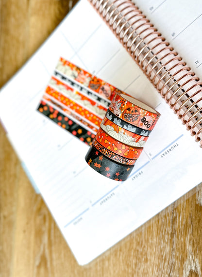 Halloween Spooky Ghosts Pumpkins Candy Corn Trick or Treating Stars Black Orange Washi Tape Set - W093