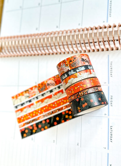 Halloween Spooky Ghosts Pumpkins Candy Corn Trick or Treating Stars Black Orange Washi Tape Set - W093