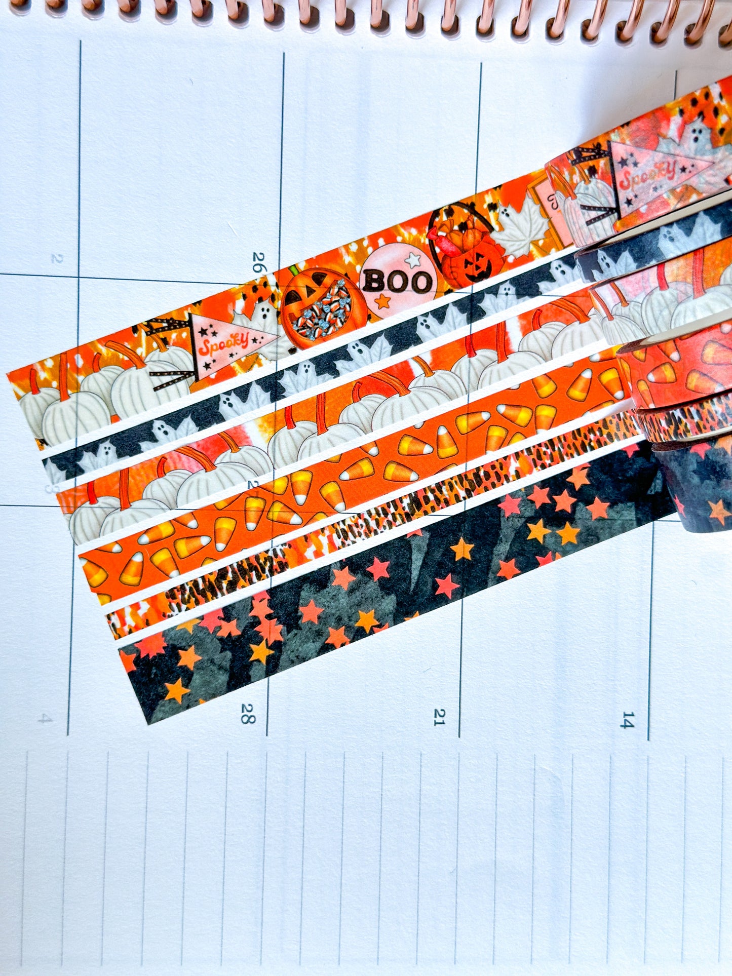 Halloween Spooky Ghosts Pumpkins Candy Corn Trick or Treating Stars Black Orange Washi Tape Set - W093