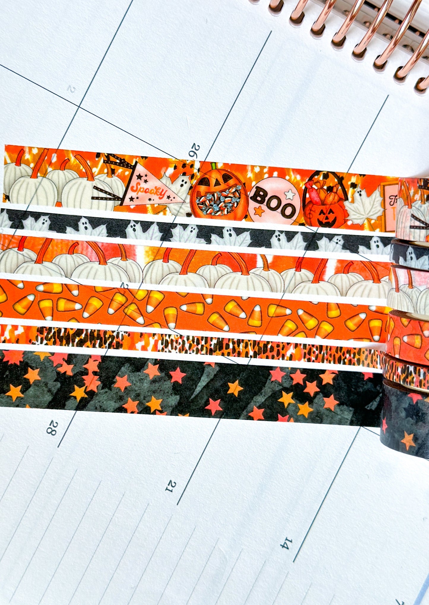 Halloween Spooky Ghosts Pumpkins Candy Corn Trick or Treating Stars Black Orange Washi Tape Set - W093