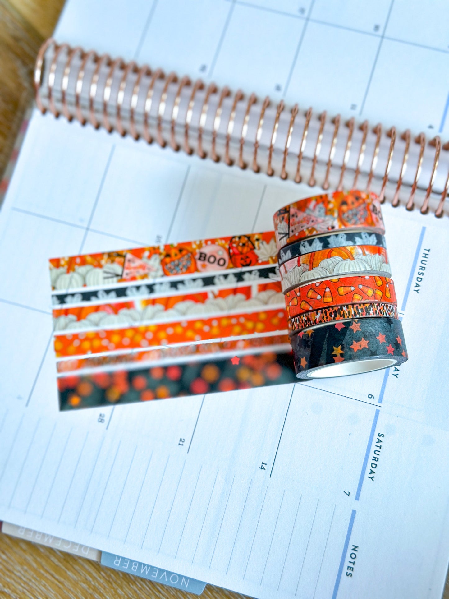 Halloween Spooky Ghosts Pumpkins Candy Corn Trick or Treating Stars Black Orange Washi Tape Set - W093