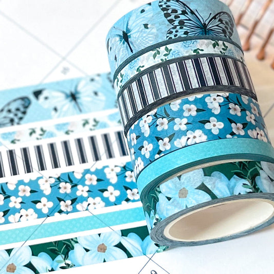 Light Blue Butterflies Navy Stripes Flowers Spring Washi Tape Set (#W082)
